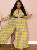 Long Sleeve Plaid Print Bodycon Maxi Dresses