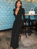 Long Sleeve V Neck Solid Bodycon Jumpsuits