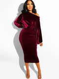 Long Sleeve Off Shoulder Velvet Midi Dresses