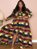 Long Sleeve Plaid Print Bodycon Maxi Dresses