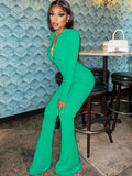 Long Sleeve V Neck Solid Bodycon Jumpsuits