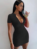 Short Sleeve Zip Up Bodycon Mini Dresses