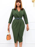 Half Sleeves Lapel Belted Midi Dresses