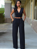 Sleevelesss V Neck Solid Wide Leg Jumpsuits