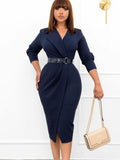 Half Sleeves Lapel Belted Midi Dresses