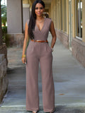 Sleevelesss V Neck Solid Wide Leg Jumpsuits