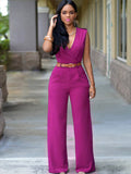 Sleevelesss V Neck Solid Wide Leg Jumpsuits