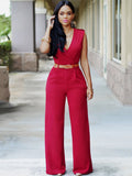 Sleevelesss V Neck Solid Wide Leg Jumpsuits