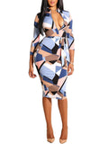 Geometric Print Zipper Belted Midi Dresses