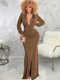 Long Sleeve Split V Neck Maxi Dresses