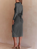 Long Sleeves Button Side Split Midi Dresses