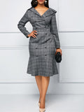 Long Sleeve Plaid Print Midi Dresses