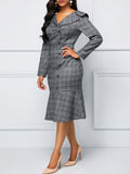 Long Sleeve Plaid Print Midi Dresses