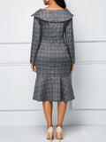 Long Sleeve Plaid Print Midi Dresses