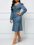 Long Sleeve Plaid Print Midi Dresses