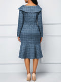 Long Sleeve Plaid Print Midi Dresses