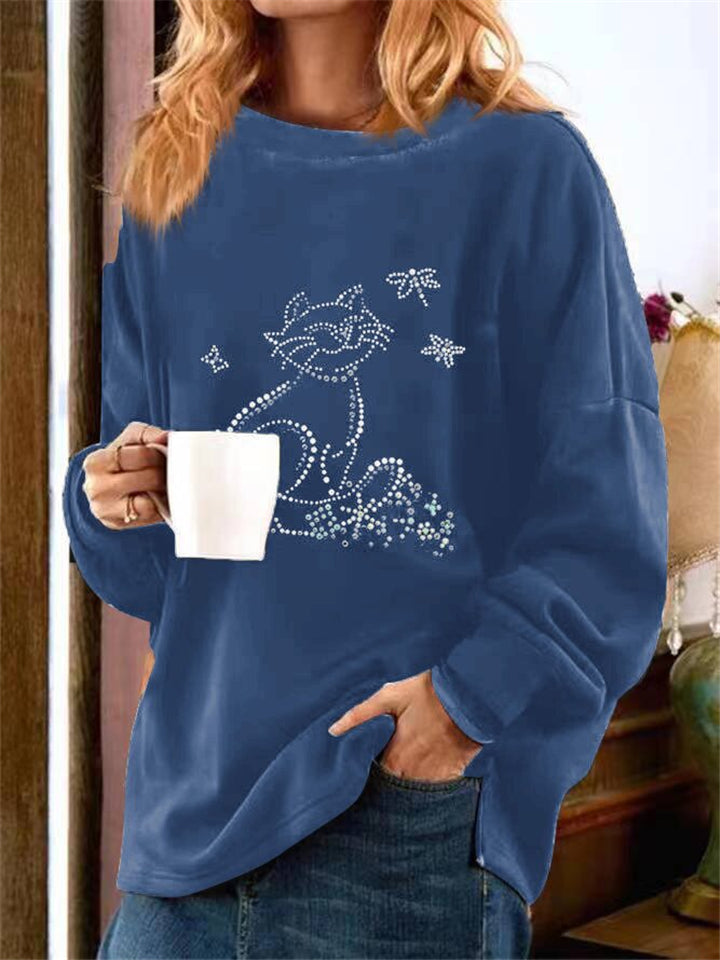 Adorable Cat Printed Round Neck Loose Long Sleeve T-Shirt Shopvhs.com