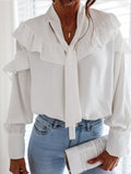 Belted Collar Ruffle Long Sleeve Blouse Shopvhs.com