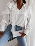 Belted Collar Ruffle Long Sleeve Blouse Shopvhs.com