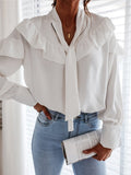 Belted Collar Ruffle Long Sleeve Blouse Shopvhs.com