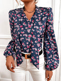 Belted Print Lantern Long Sleeve Blouse Shopvhs.com