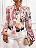 Belted Print Lantern Long Sleeve Blouse Shopvhs.com