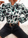 Belted Print Lantern Long Sleeve Blouse Shopvhs.com