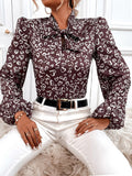 Belted Print Lantern Long Sleeve Blouse Shopvhs.com