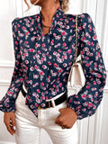 Belted Print Lantern Long Sleeve Blouse Shopvhs.com