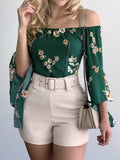 Boat Neck Printed Flared Long Sleeve Blouse Shopvhs.com