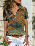 Bohemian Zip Lapel Short Sleeve T-Shirt Shopvhs.com