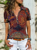 Bohemian Zip Lapel Short Sleeve T-Shirt Shopvhs.com