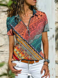 Boho Print Zip Short Sleeve T-Shirt Shopvhs.com