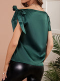 Bow Boat Neck Faux Silk Short Sleeve T-Shirt Shopvhs.com