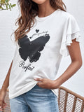 Butterfly Print Crew Neck Ruffle T-Shirt Shopvhs.com