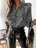 Button Ruffle Print Long Sleeve Blouse Shopvhs.com