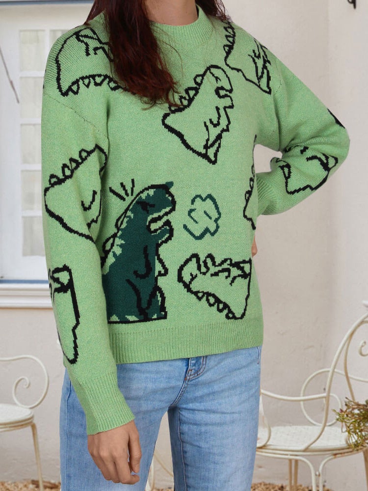 Cartoon Dinosaur Round Neck Long Sleeve Sweater Shopvhs.com