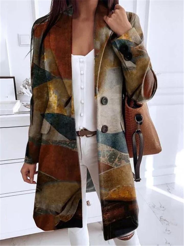 Casual Fit Lapel Collar Button Up Long Sleeve Printed Woolen Coat Shopvhs.com