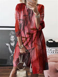 Casual Fit Leaf Printed Round Neck Long Sleeve Midi Dress Shopvhs.com
