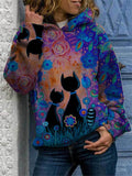 Casual Fit Long Sleeve Cute Cat Printed Hooded Sweatshirt Shopvhs.com