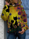 Casual Fit Long Sleeve Cute Cat Printed Hooded Sweatshirt Shopvhs.com