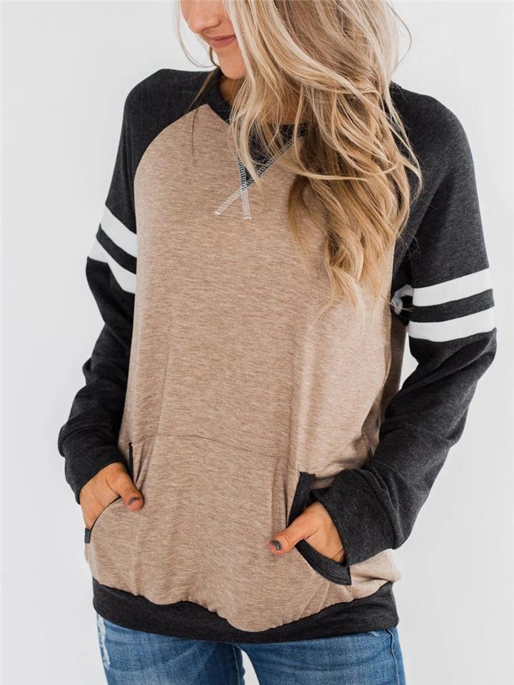 Casual Fit Long Sleeve Round Neck Front Pocket Striped Pullover Tops Shopvhs.com