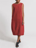 Casual Fit Round Neck Half Sleeve Solid Color Linen Midi Dress Shopvhs.com