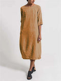 Casual Fit Round Neck Half Sleeve Solid Color Linen Midi Dress Shopvhs.com
