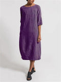 Casual Fit Round Neck Half Sleeve Solid Color Linen Midi Dress Shopvhs.com