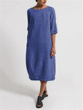 Casual Fit Round Neck Half Sleeve Solid Color Linen Midi Dress Shopvhs.com