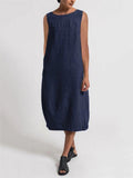 Casual Fit Round Neck Half Sleeve Solid Color Linen Midi Dress Shopvhs.com