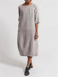 Casual Fit Round Neck Half Sleeve Solid Color Linen Midi Dress Shopvhs.com