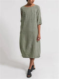 Casual Fit Round Neck Half Sleeve Solid Color Linen Midi Dress Shopvhs.com