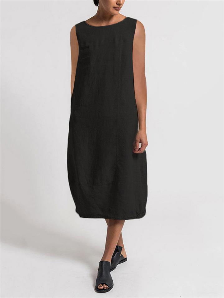 Casual Fit Round Neck Half Sleeve Solid Color Linen Midi Dress Shopvhs.com